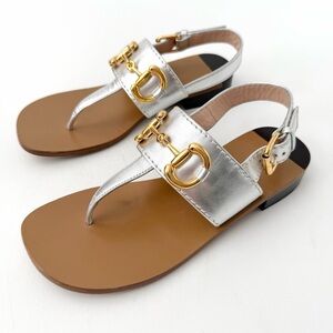 GUCCI | Baby Horsebit Silver Leather Thong Sandals Flats EU 37